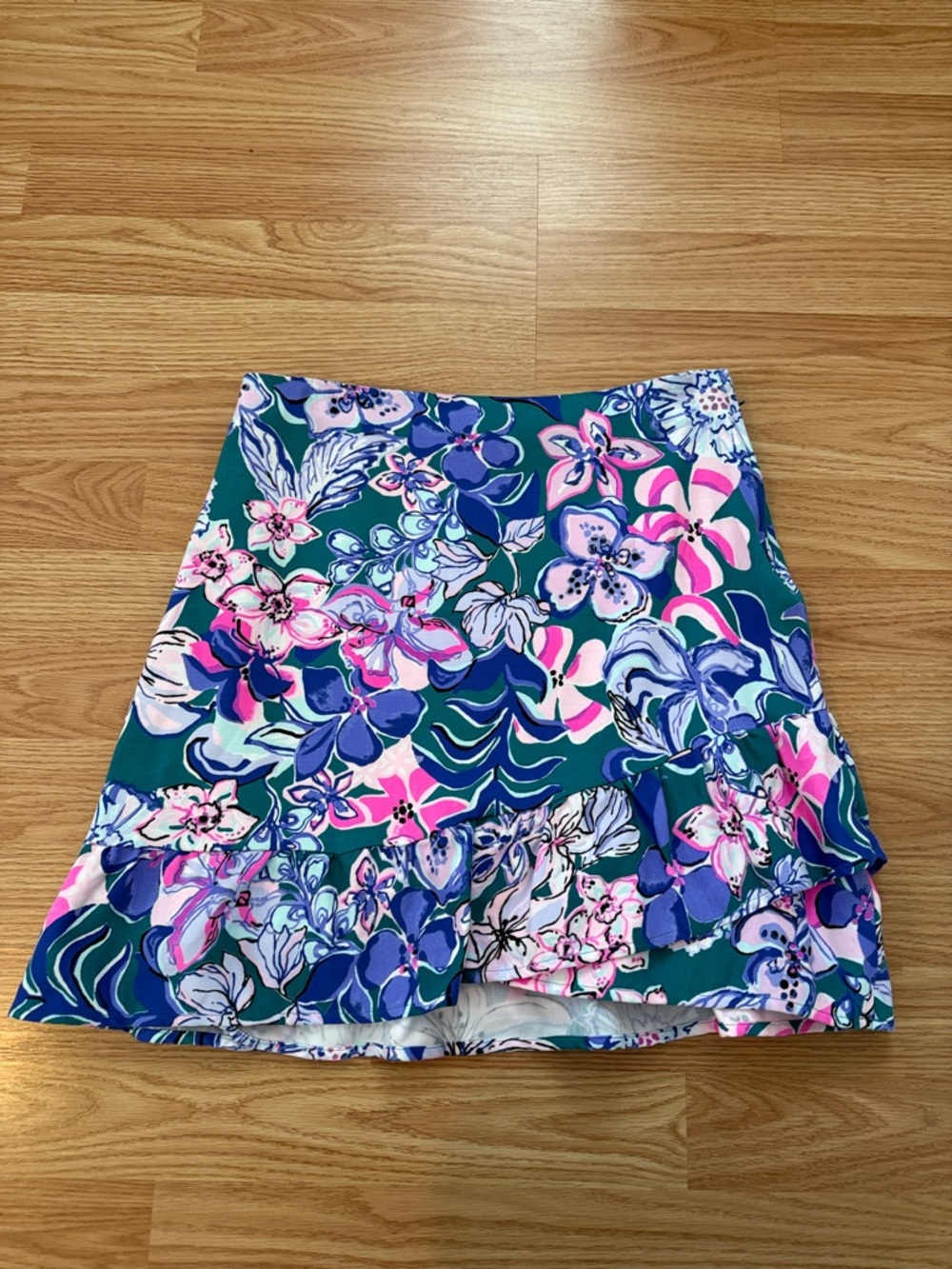Lilly Pulitzer Teal Floral Ruffle Mini Skirt with Pink & Purple Accents